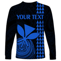 Unisex long-sleeve shirt, dark navy with blue emblem and “YOUR TEXT” banner
