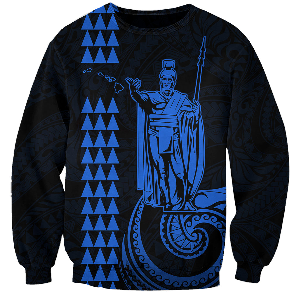 Unisex blue sweatshirt with King Kamehameha graphic and tribal pattern