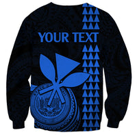 Unisex blue sweatshirt with YOUR TEXT back print and geometric tiki pattern