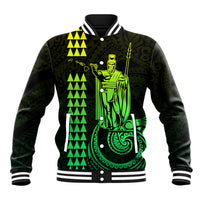Unisex baseball jacket with lime-green illustrated front; black varsity stripes on collar and cuffs