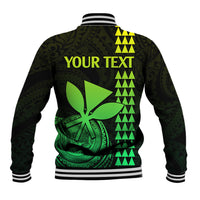 Unisex baseball jacket with black-and-lime graphic front; striped rib trim at collar and cuffs