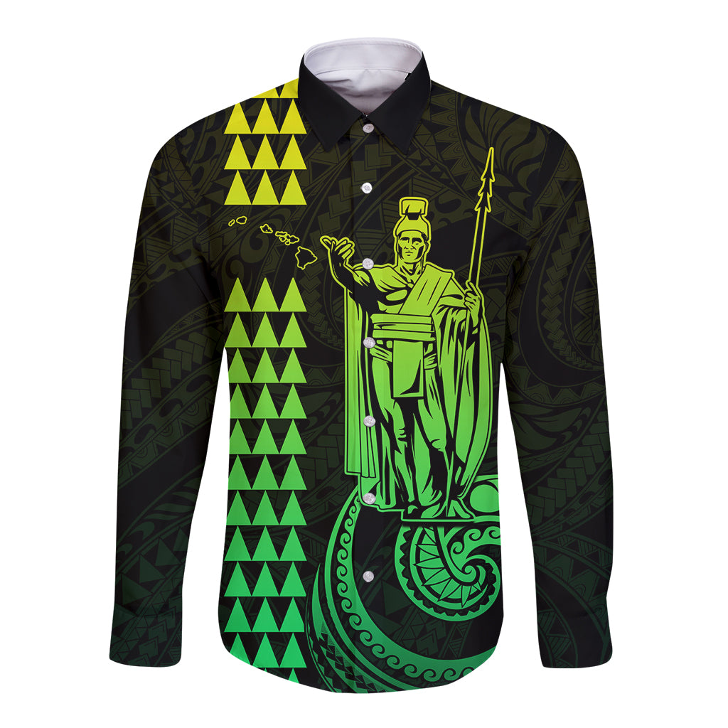 Long sleeve button shirt, dark green/black with lime Polynesian King graphic