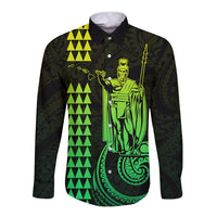 Long sleeve button shirt, dark green/black with lime Polynesian King graphic