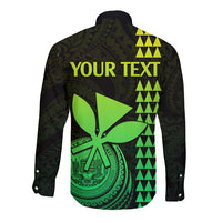Long sleeve button shirt, dark green/black with lime back design and 'YOUR TEXT'