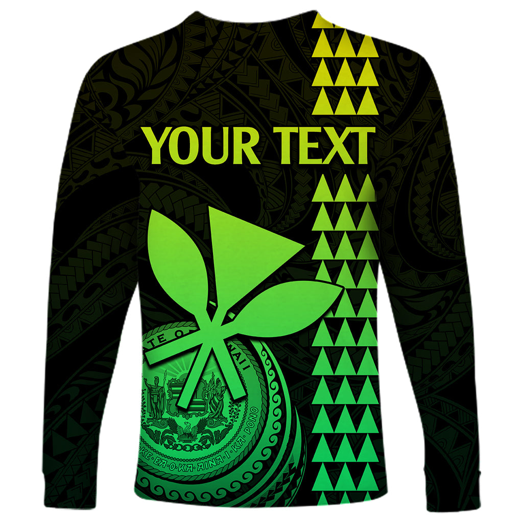 Unisex long-sleeve shirt with dark lime Hawaiian print and 'YOUR TEXT' banner