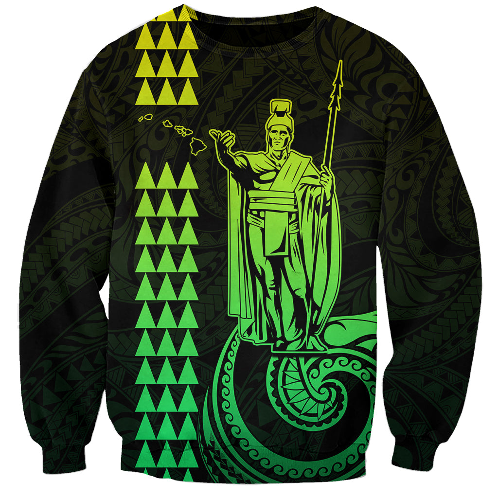 Unisex graphic sweatshirt in lime/black: front king figure, triangles, wave emblem