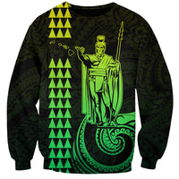Unisex graphic sweatshirt in lime/black: front king figure, triangles, wave emblem