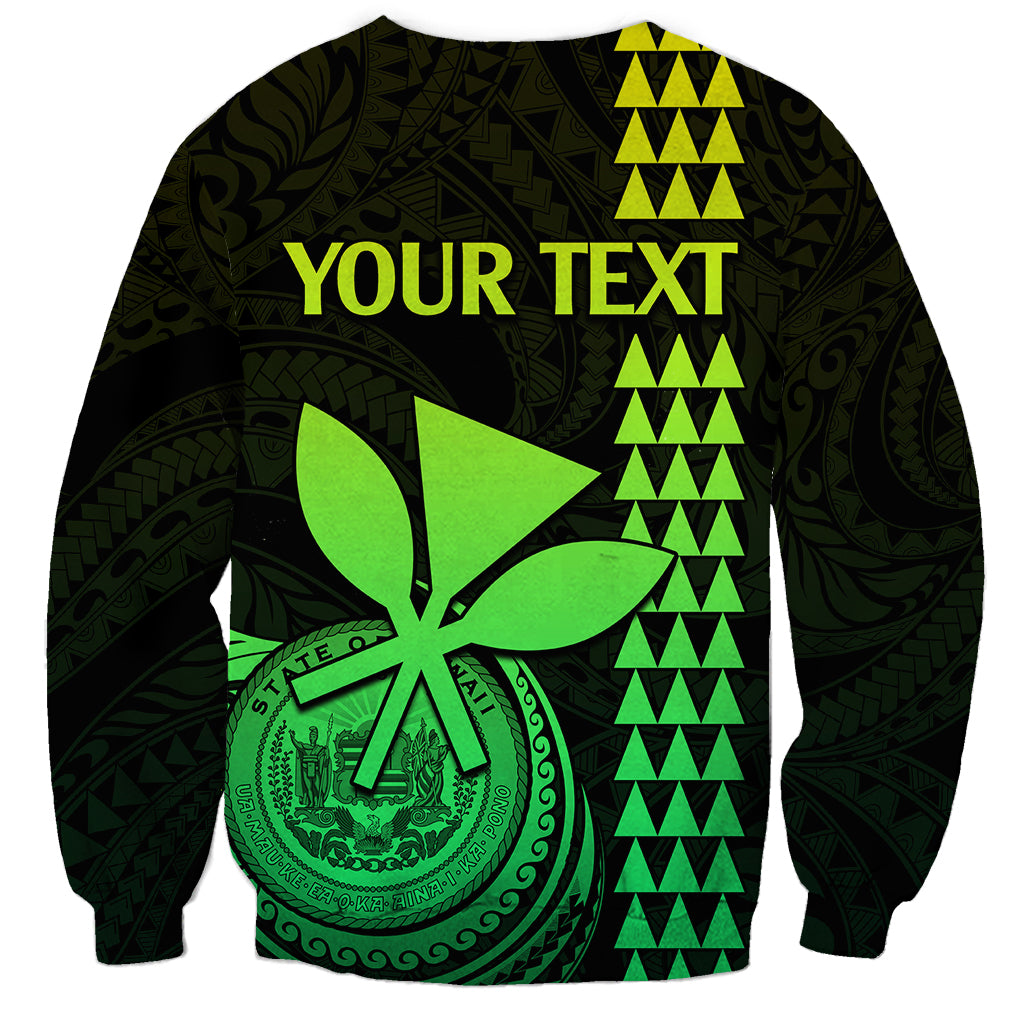 Unisex graphic sweatshirt in lime/black: back 'YOUR TEXT' with seal, leaf, and triangle rows