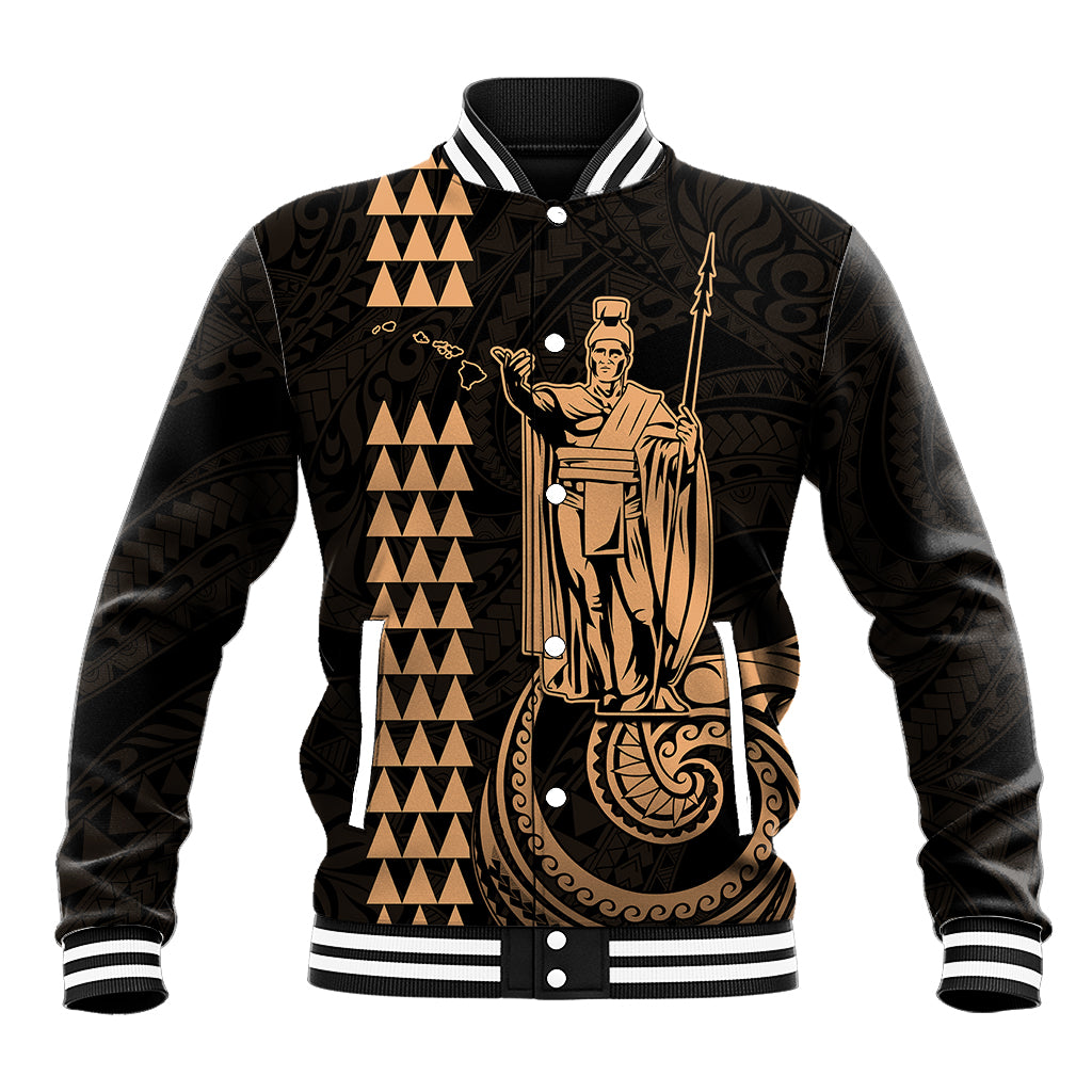 Black unisex baseball jacket with tan tribal front print, striped ribbed collar and cuffs