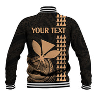 Black unisex baseball jacket back with tan print and 'YOUR TEXT'