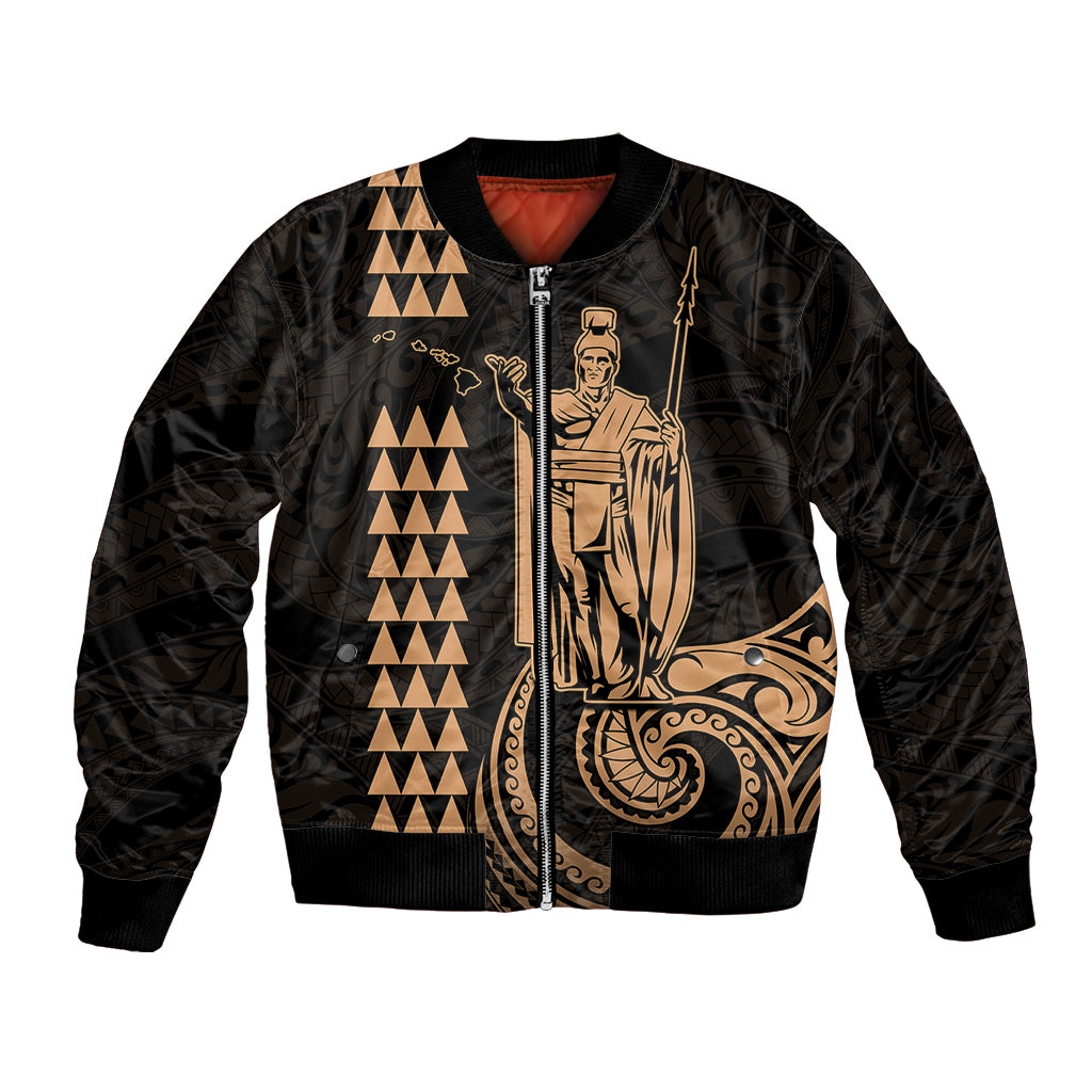 Black bomber jacket with front zipper and gold tribal print panel