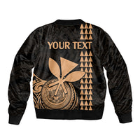 Black bomber jacket back with YOUR TEXT and gold surfboard emblems