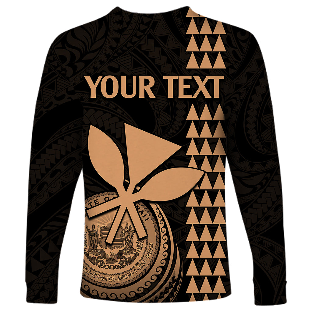 Unisex long-sleeve shirt with 'YOUR TEXT' gold print, leaf emblem, and tribal triangles