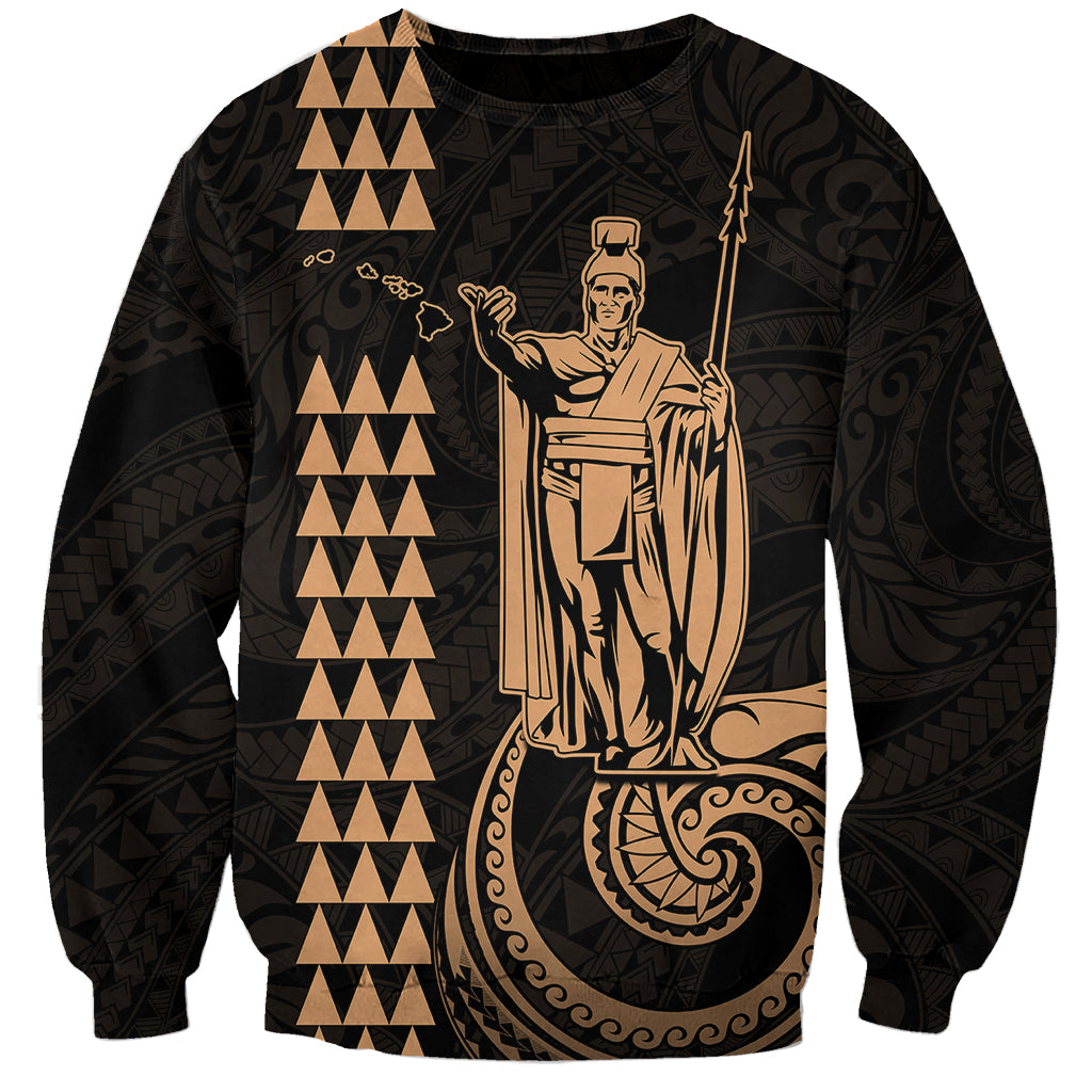 Unisex crewneck sweatshirt with King Kamehameha front graphic and patterned sleeves