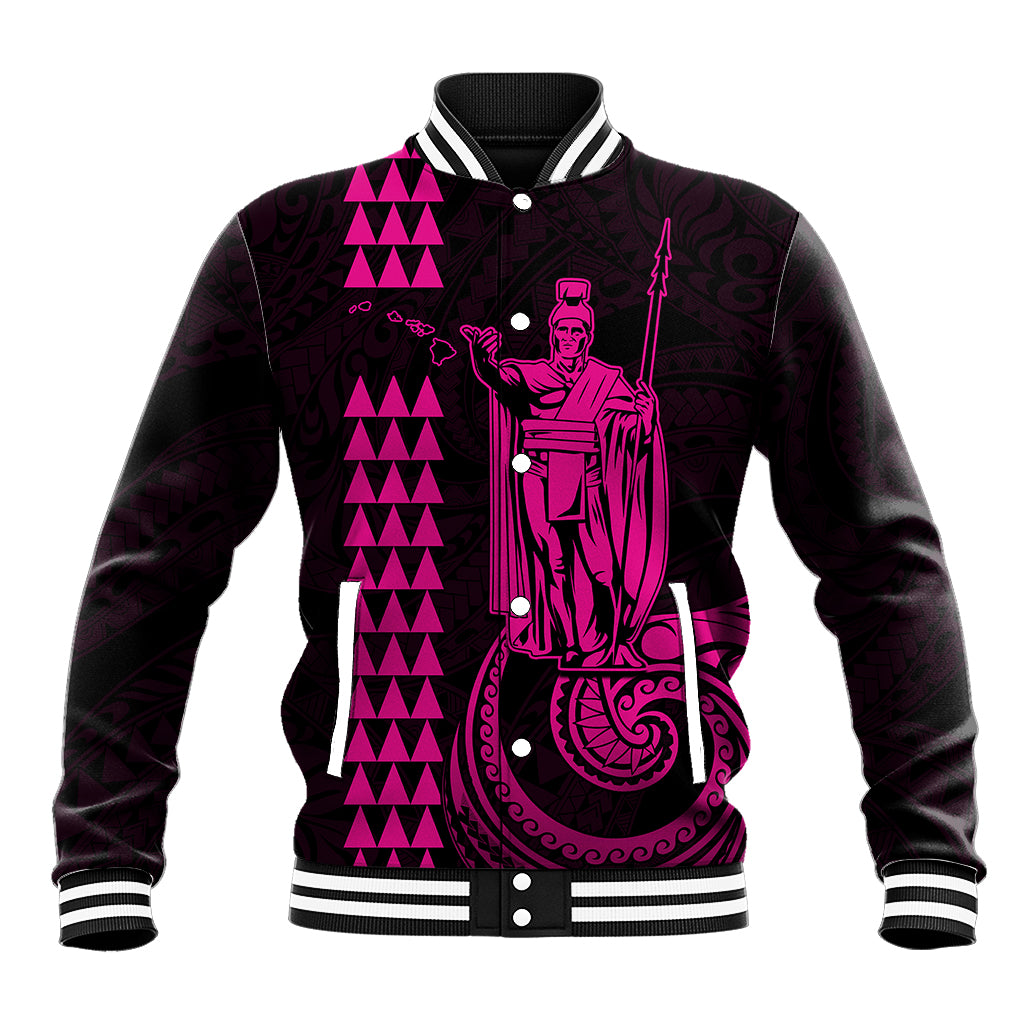 Dark baseball jacket with pink graphic front, button placket, striped ribbed collar and cuffs