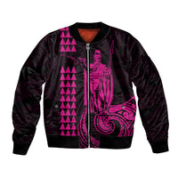 Pink-and-black satin bomber jacket with front zipper and bold magenta graphic