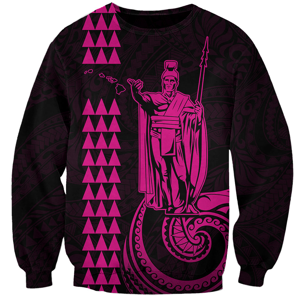Unisex black Hawaiian sweatshirt with pink King Kamehameha graphic on front
