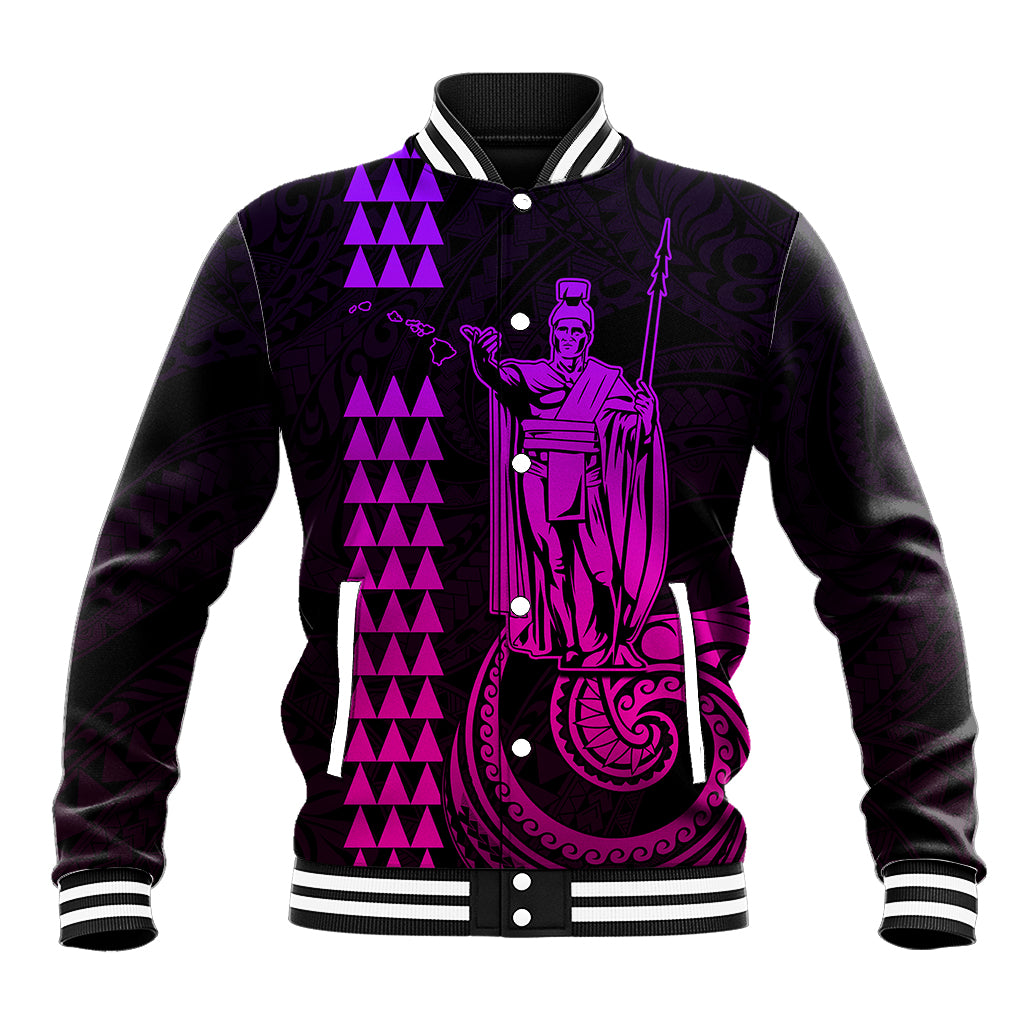 Custom Hawaii baseball jacket, dark body with pink-purple front graphic and button placket