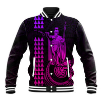 Custom Hawaii baseball jacket, dark body with pink-purple front graphic and button placket