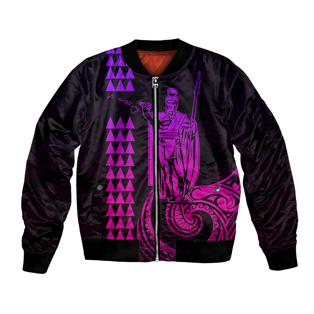 Unisex bomber jacket with dark base and purple-pink front graphic, zip-up