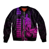 Unisex bomber jacket with dark base and purple-pink front graphic, zip-up