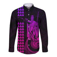 Unisex long-sleeve button shirt with pink gradient island graphic on dark fabric