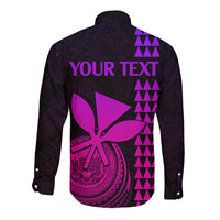 Unisex long-sleeve button shirt, back view, pink 'YOUR TEXT' graphic on dark fabric
