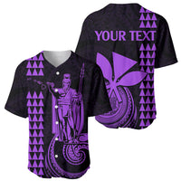 Two dark purple baseball jerseys: one front with king graphic, one back with 'YOUR TEXT'.