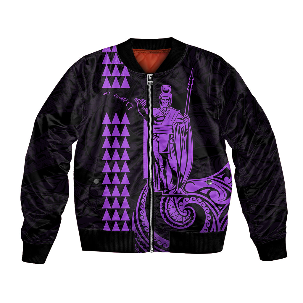Purple-accented black bomber jacket with front zipper and purple tribal graphic on chest