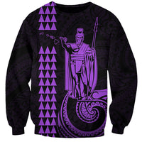 Unisex purple and dark sweatshirt with King figure graphic and vertical triangle pattern