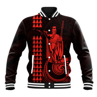 Black & red baseball jacket with striped rib collar, snap front, front graphic