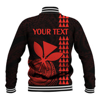Black & red baseball jacket back with hibiscus graphic, triangle pattern, striped hem
