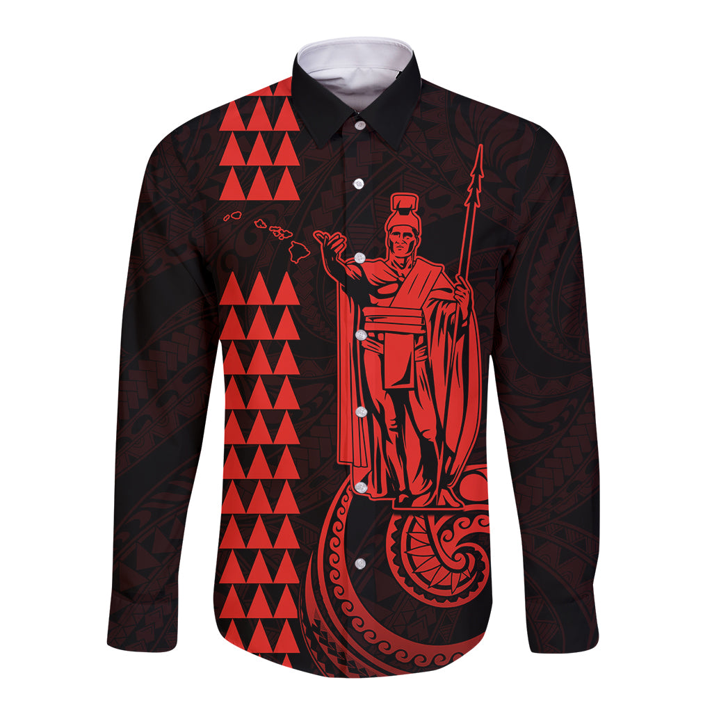 Men's red and black long sleeve button shirt with Hawaiian warrior graphic on front