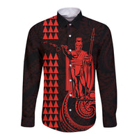 Men's red and black long sleeve button shirt with Hawaiian warrior graphic on front