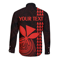Back view of red and black long sleeve button shirt with large YOUR TEXT print