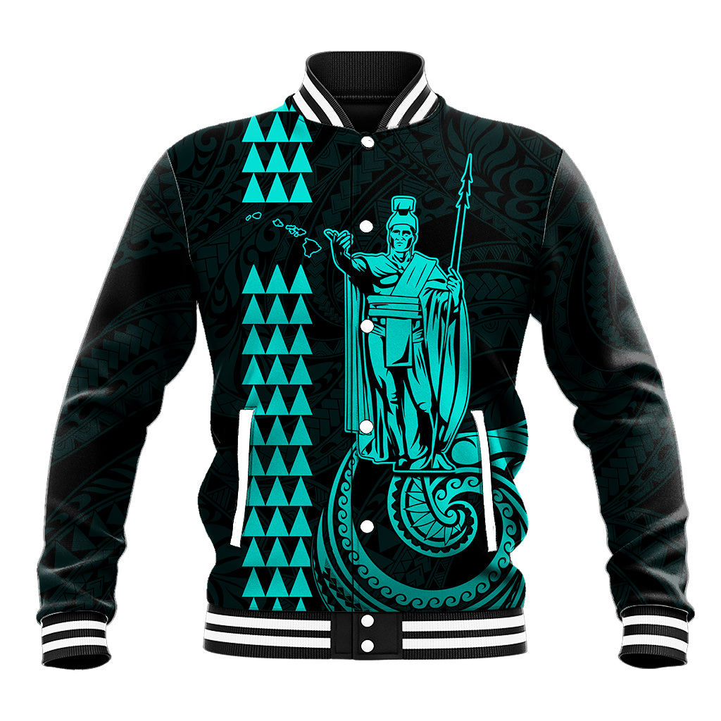Unisex turquoise and dark green baseball jacket with button front, stand collar, teal graphic