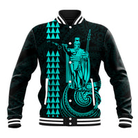 Unisex turquoise and dark green baseball jacket with button front, stand collar, teal graphic