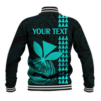 Unisex dark green baseball jacket back with striped ribbed collar, 'YOUR TEXT', teal emblem