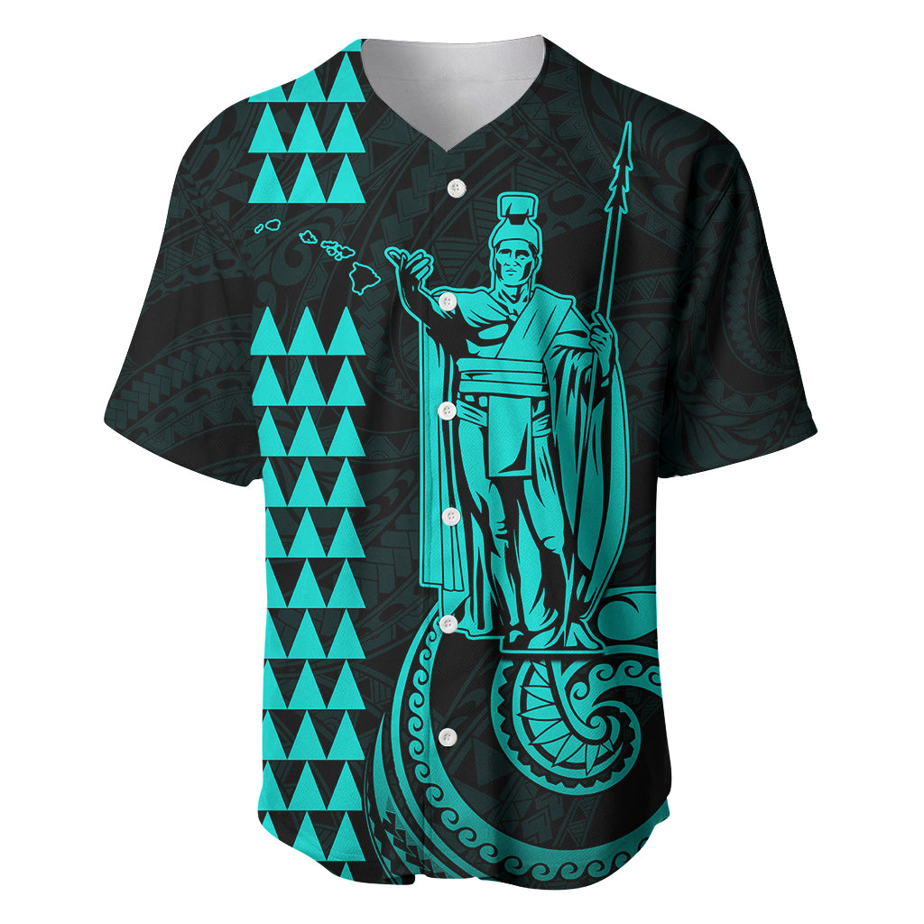 Turquoise and black Hawaiian baseball jersey with king figure front graphic