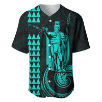 Turquoise and black Hawaiian baseball jersey with king figure front graphic
