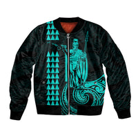 Turquoise and dark bomber jacket with front zipper and graphic print on chest and sleeves