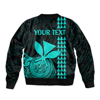 Dark bomber jacket back with 'YOUR TEXT' and leaf/triangle graphic in turquoise