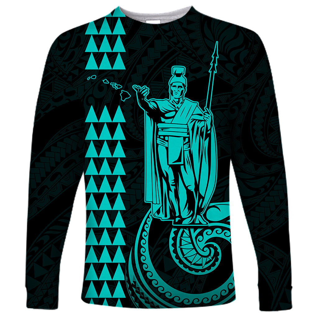 Long sleeve shirt with King Kamehameha graphic and turquoise geometric pattern