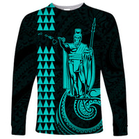 Long sleeve shirt with King Kamehameha graphic and turquoise geometric pattern