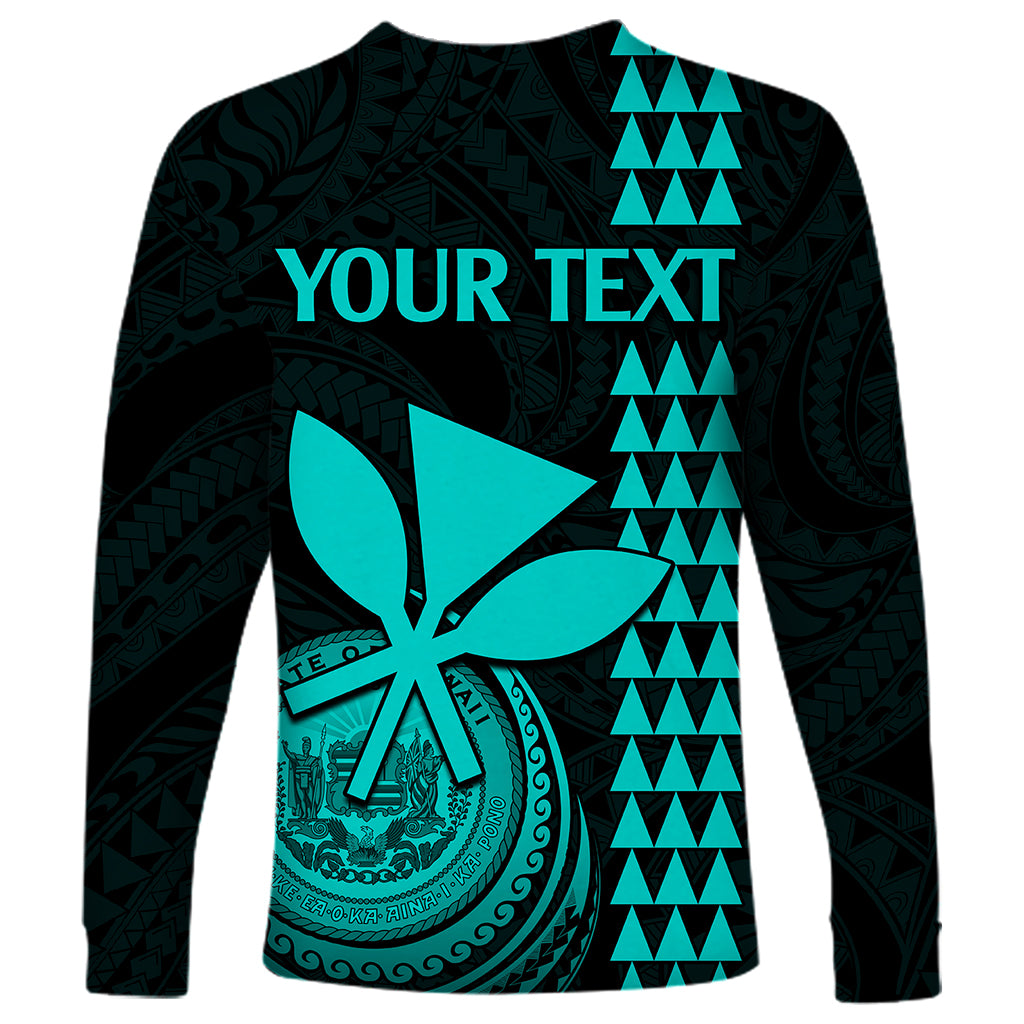 Long sleeve shirt with 'YOUR TEXT' design, turquoise windmill and badge graphic