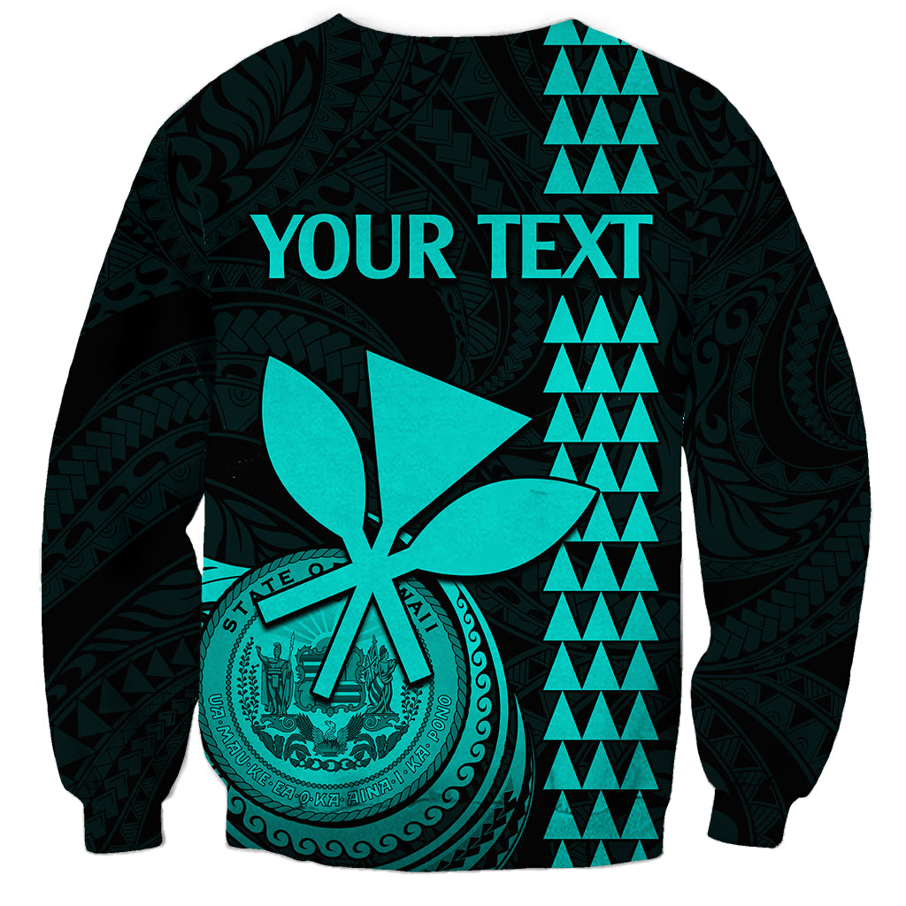 Unisex sweatshirt with turquoise "YOUR TEXT" back print, tiki waves and pattern