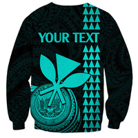 Unisex sweatshirt with turquoise "YOUR TEXT" back print, tiki waves and pattern