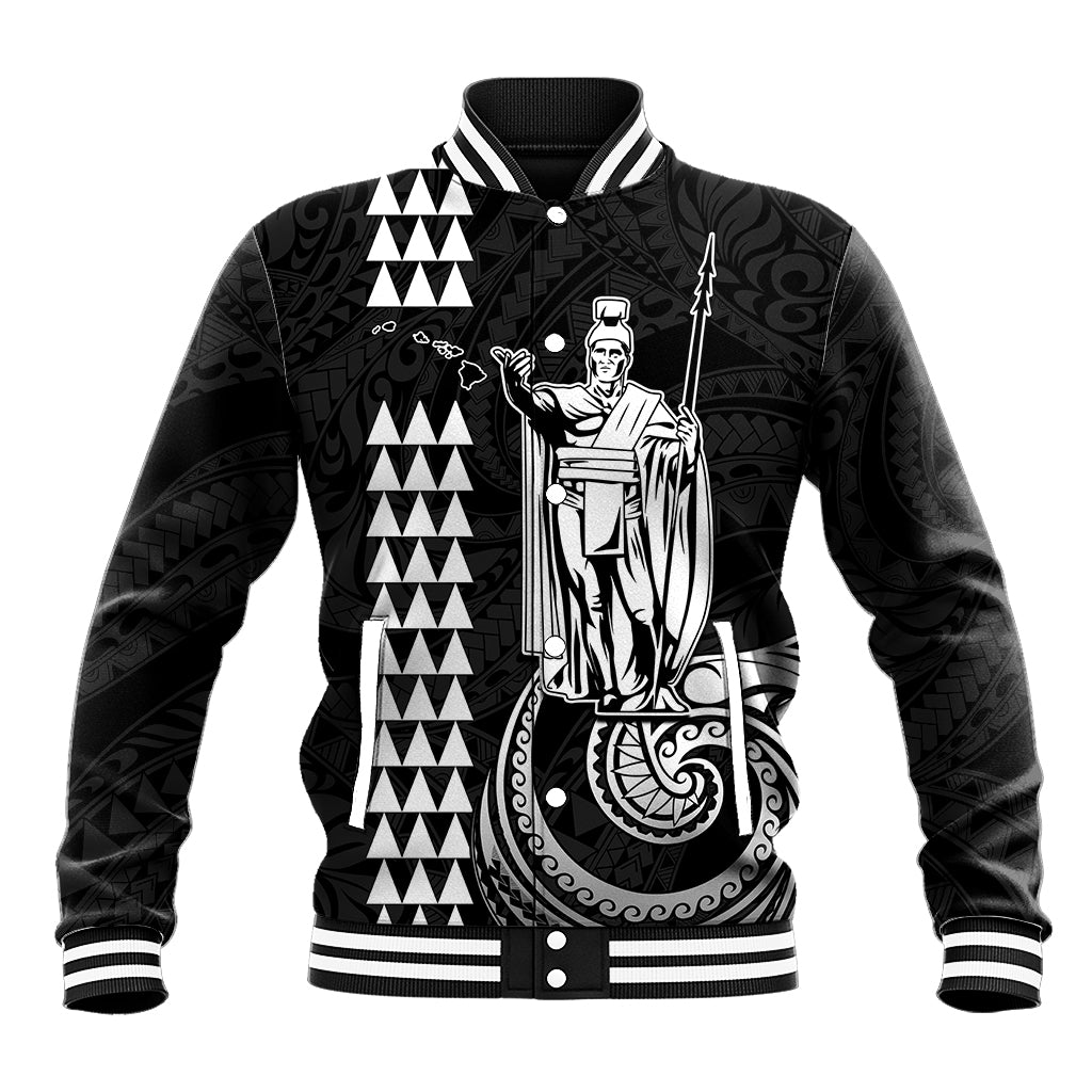 Black baseball jacket with white trim, front button placket, bold tribal graphic