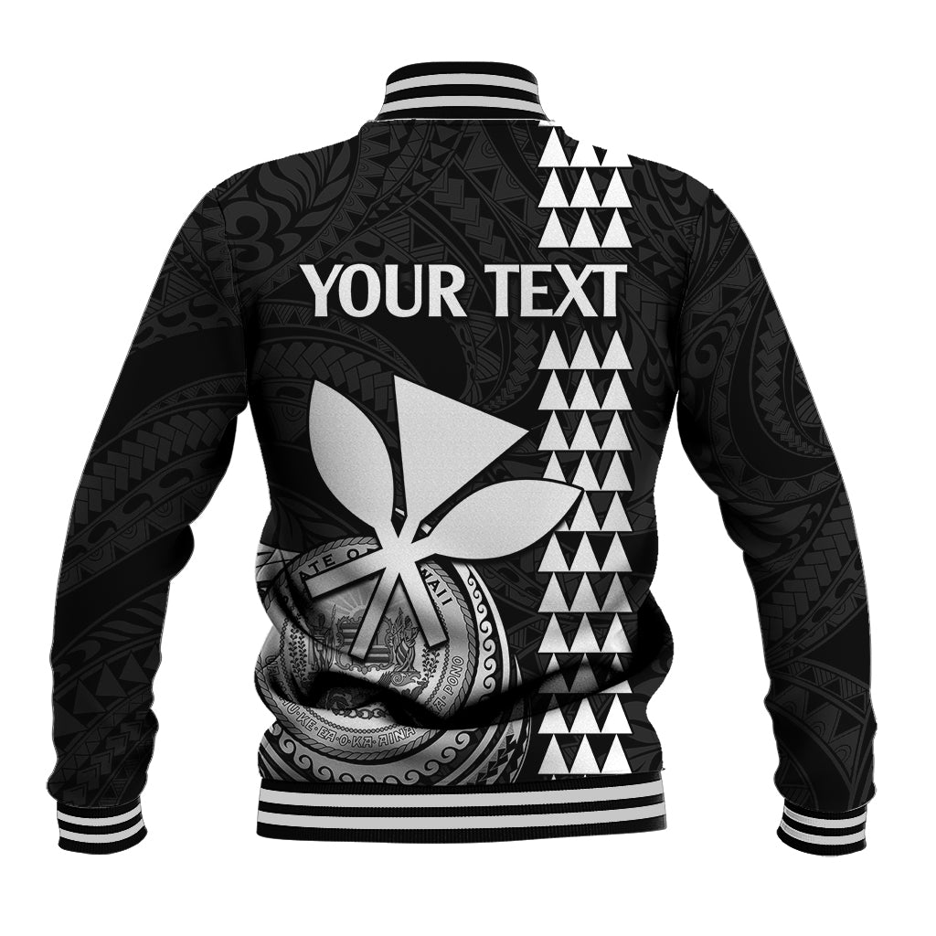 Black baseball jacket with white ribbed collar, back graphic with YOUR TEXT