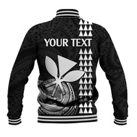 Black baseball jacket with white ribbed collar, back graphic with YOUR TEXT